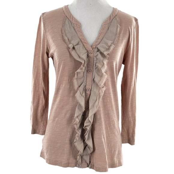 Ann Tylor loft top S pink mauve split v-neck button down ruffle 3/4 sleeve - Picture 10 of 10